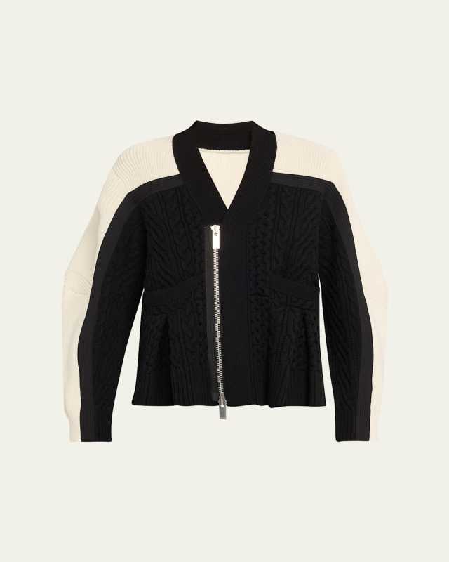 Colorblock Zip-Front Cable Wool Cardigan
